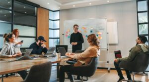 group in an office conference room planning the strategy for an office move